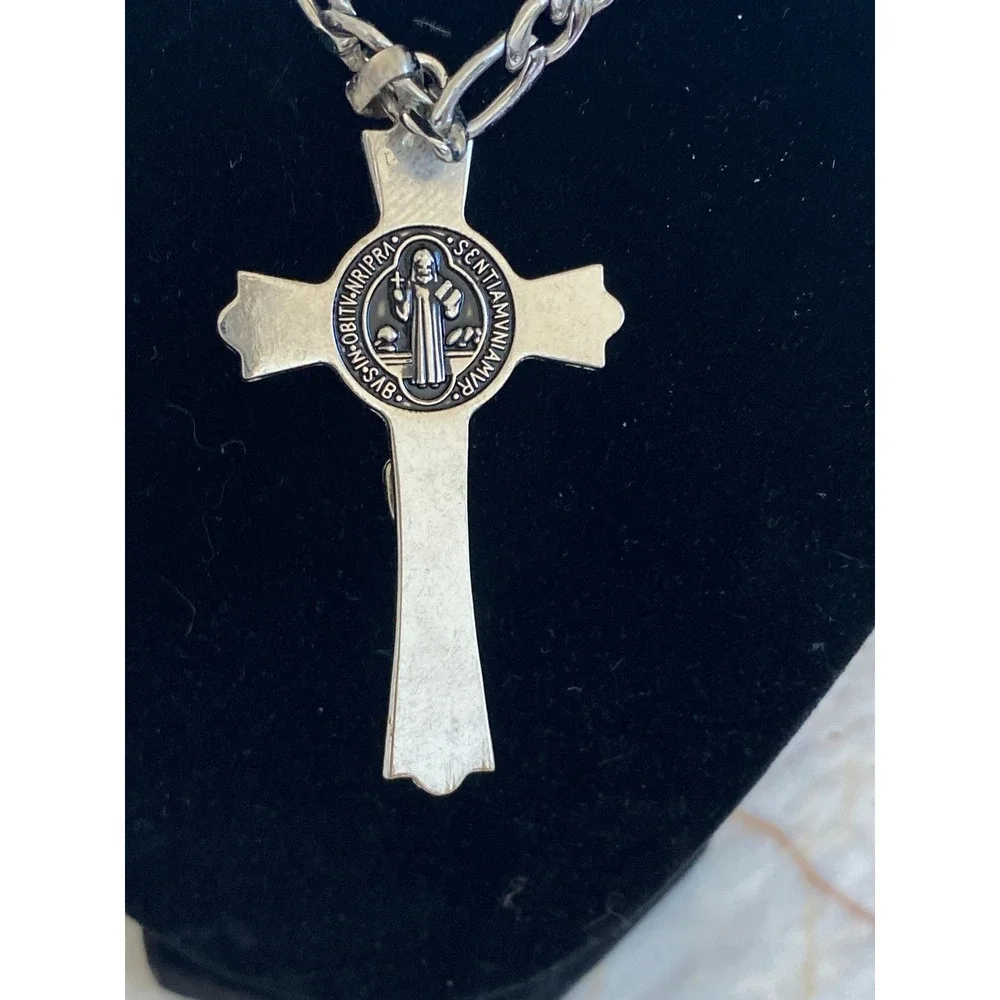 St Benedict Crucifix Pendant Necklace Silver Tone Figaro Chain Religious Cross
